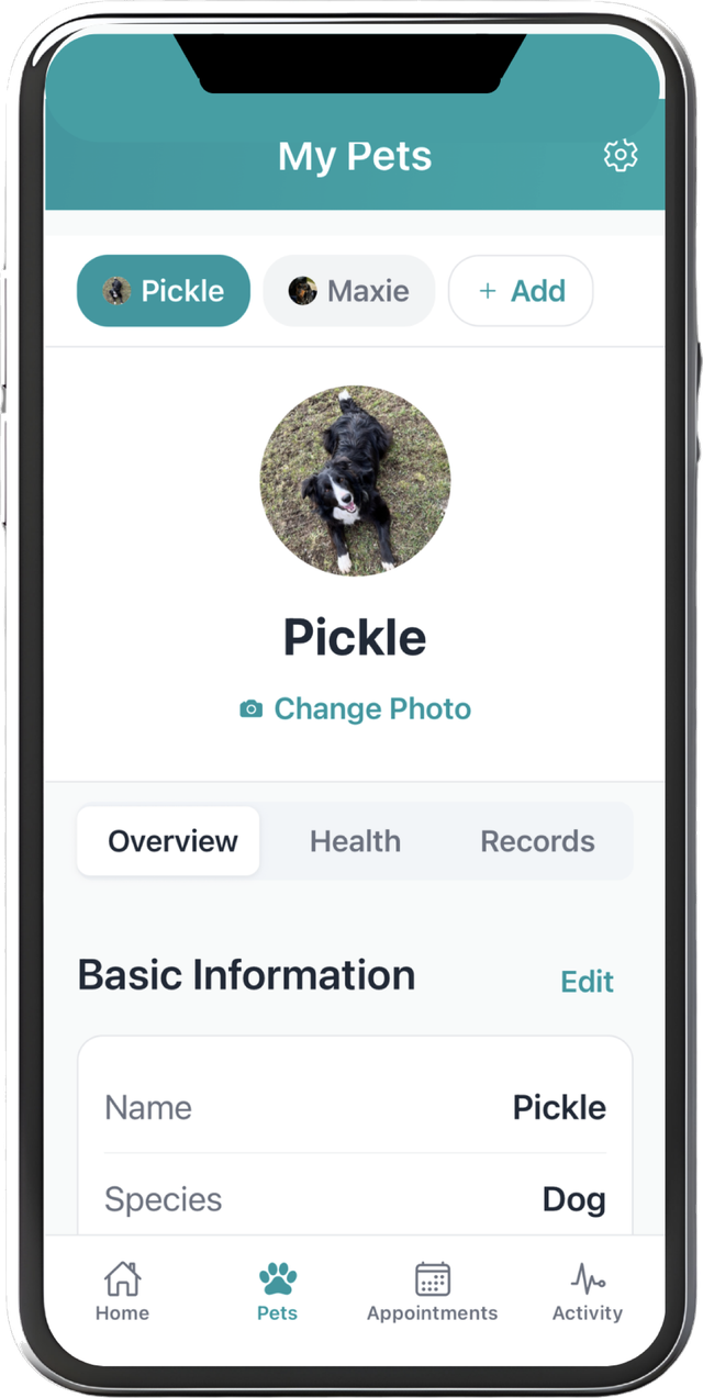 PetPlus pet profile with overview, health and records